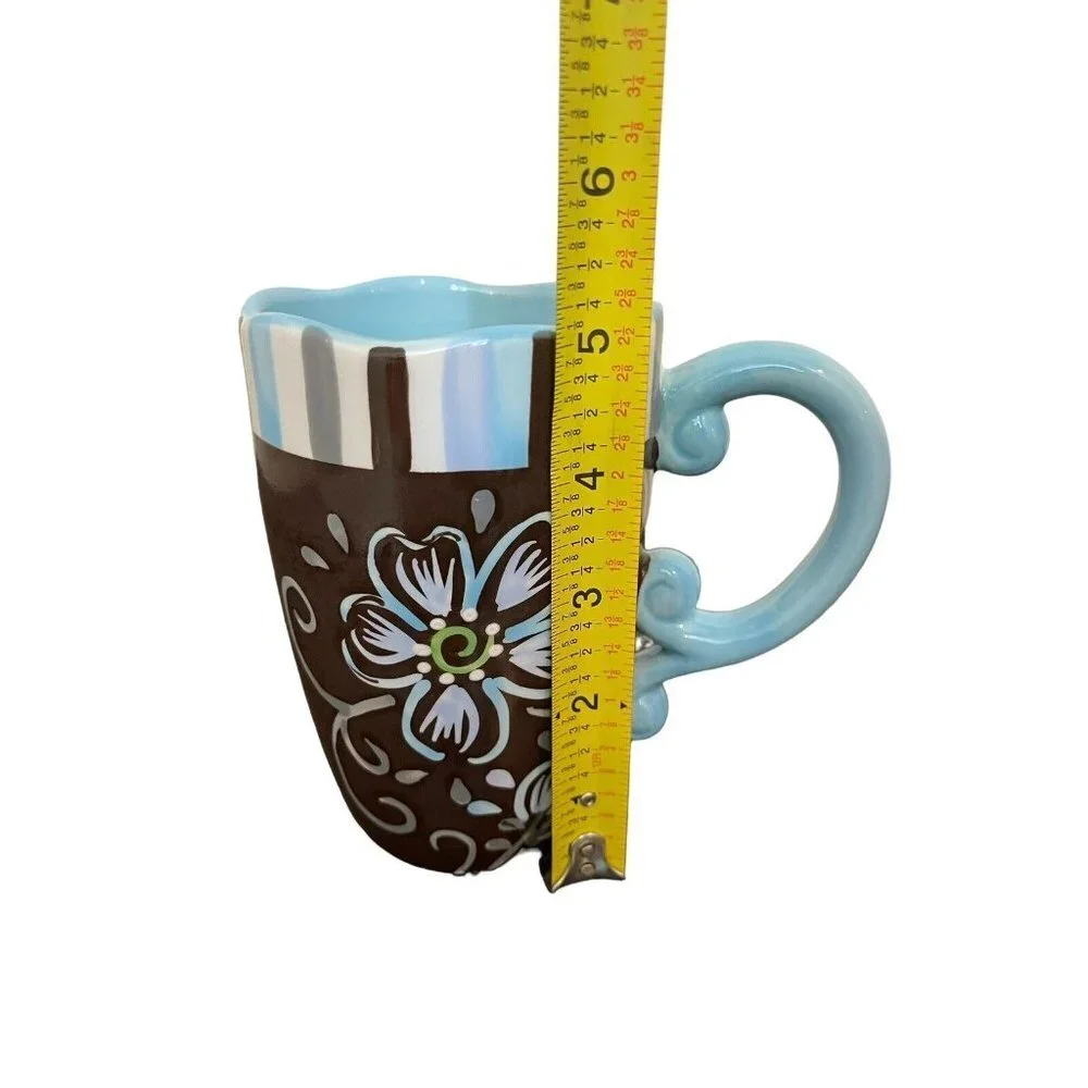 Pier‎ 1 Imports Handpainted Dolomite Coffee Mug w/Scalloped Edge Brown Blue